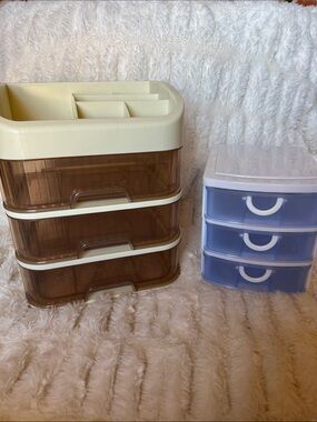 Cream and Smoke 3-Drawer Desktop Organizer with Blue 3-Drawer Storage Set